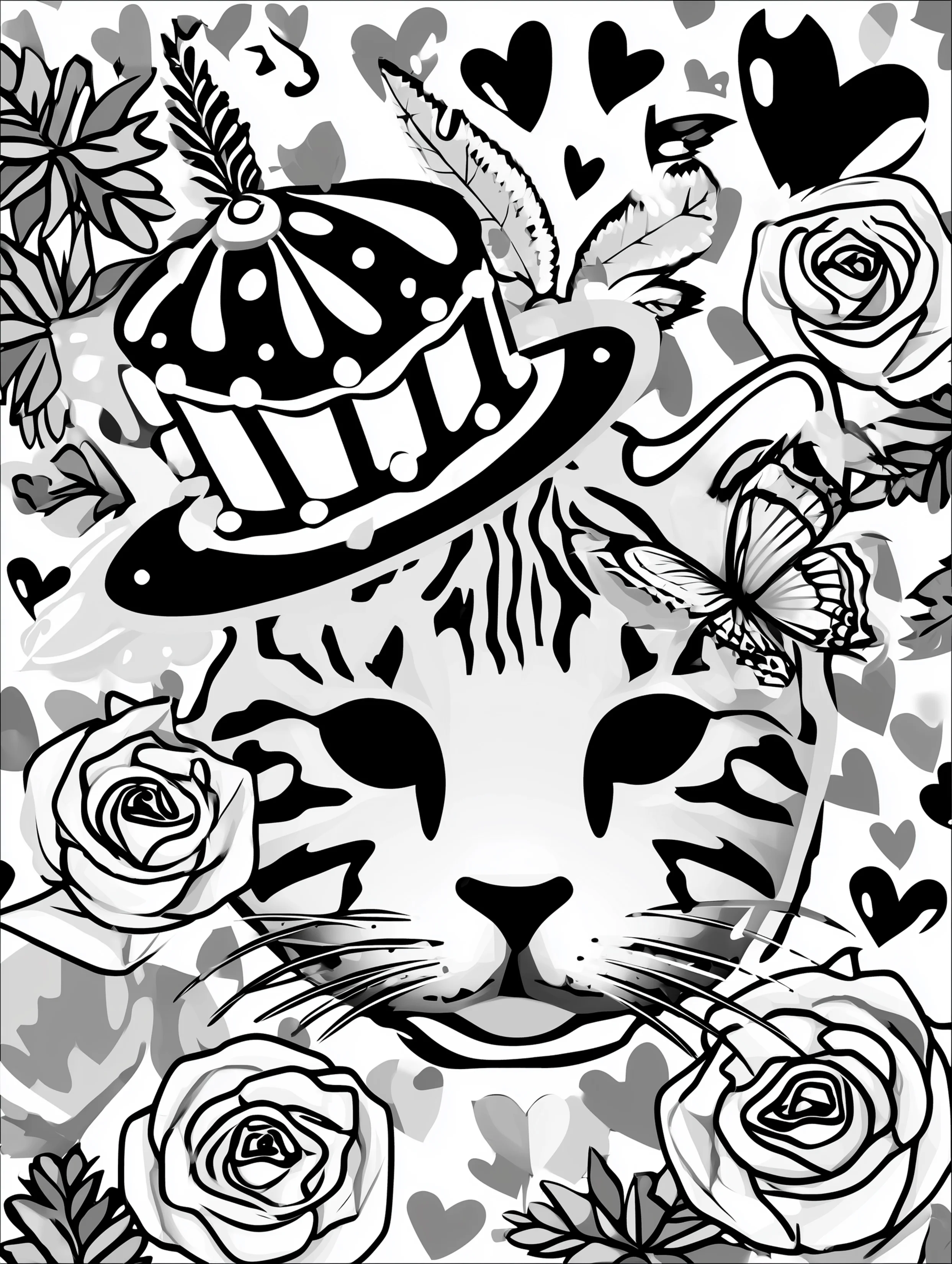 Free printable cats coloring page featuring a cat wearing a hat